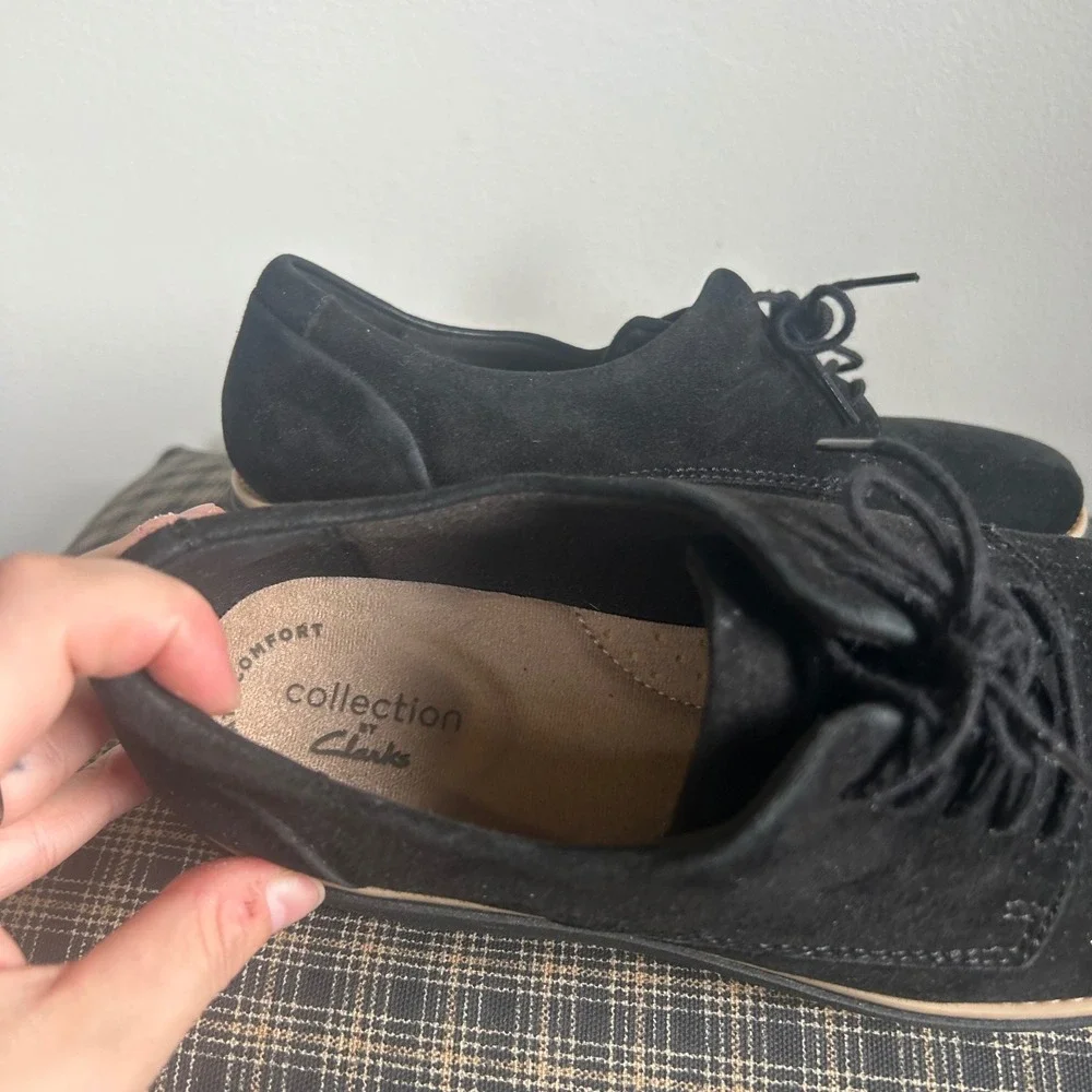 Clarks Sharon Dolly Black Suede Wedge‎ Lace Up Oxford Shoes Size 5.5 Black